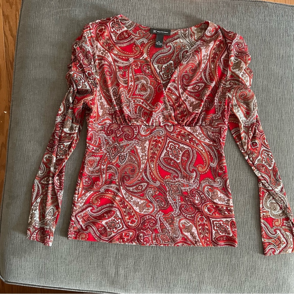 Womens INC INTERNATIONAL CONCEPTS Boho Paisley Sheer Sleeve Fitted Top Size XL